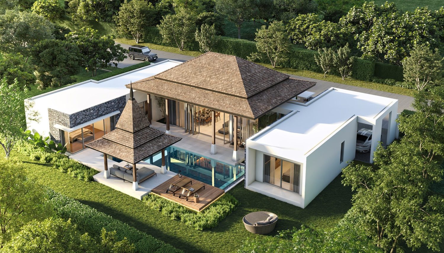 Botanica Four Seasons — aerial view of a Tropical Balinese villa surrounded by greenery